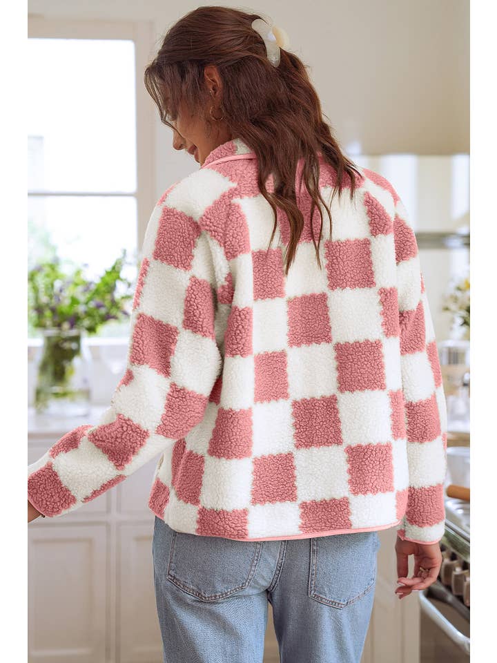 1 the Woman - Wholesale Jacket - Women's - Checked Snap Button Sherpa Jacket