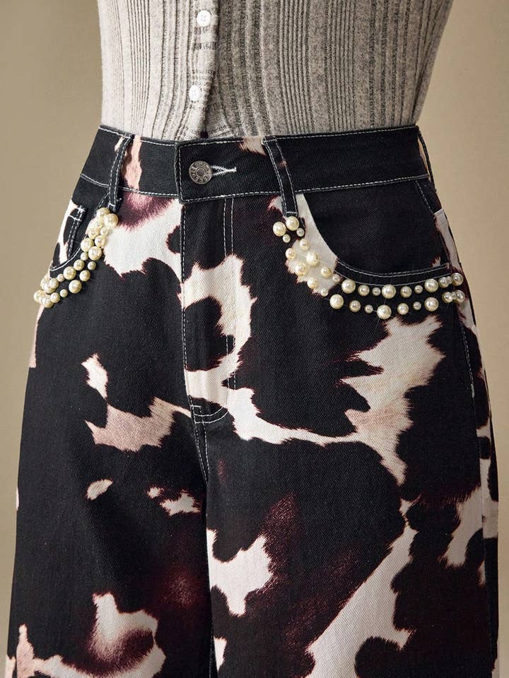 Picture Color Pearl Trim Printed Denim Pants for wholesale on Faire9