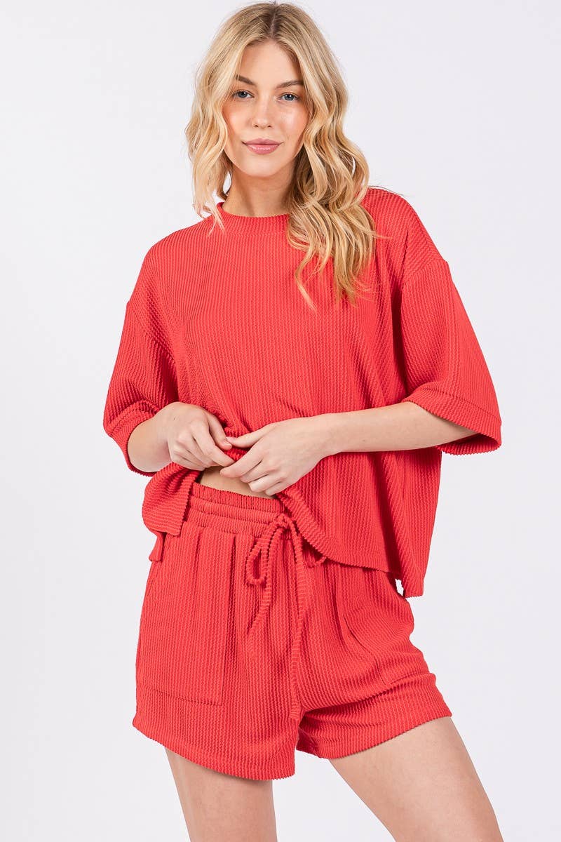 Sewn and Seen - Wholesale Lounge Set - Women's - RIBBED ROUND NECK TOP AND SHORTS SET55