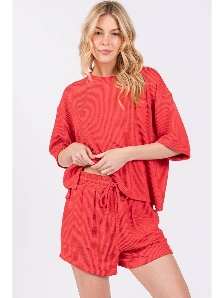 Sewn and Seen - Wholesale Lounge Set - Women's - RIBBED ROUND NECK TOP AND SHORTS SET55