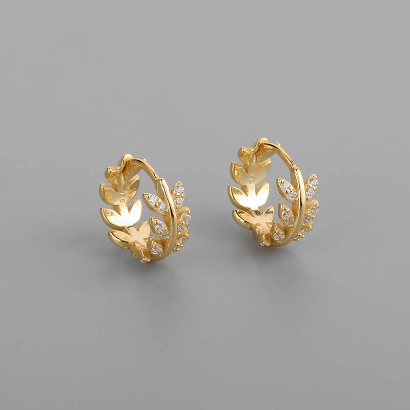 Melange Blanc - Vente Petits anneaux - Boucles d'oreilles huggie feuille d'or E043, boucles d'oreilles créoles feuille0