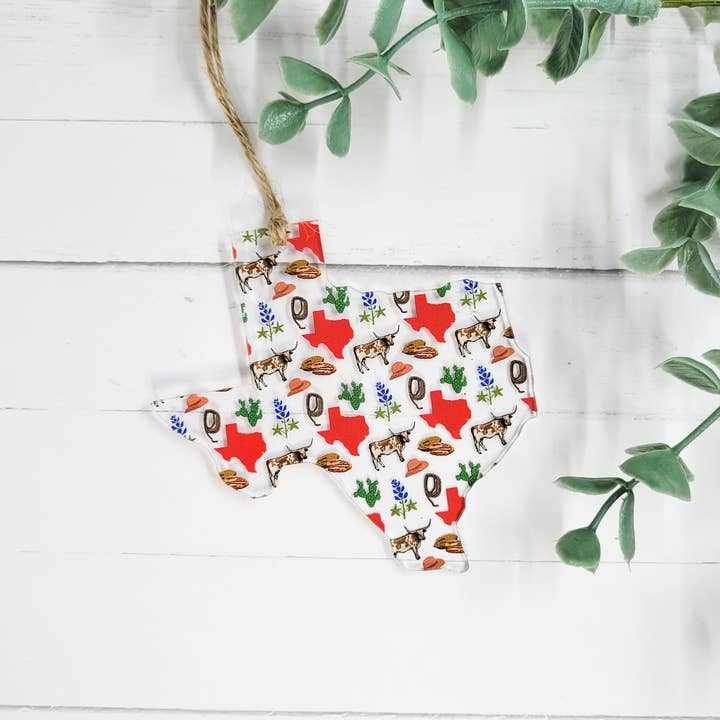 Texas "Icons" Acrylic Shaped Ornament for wholesale by The Purple Chickadee