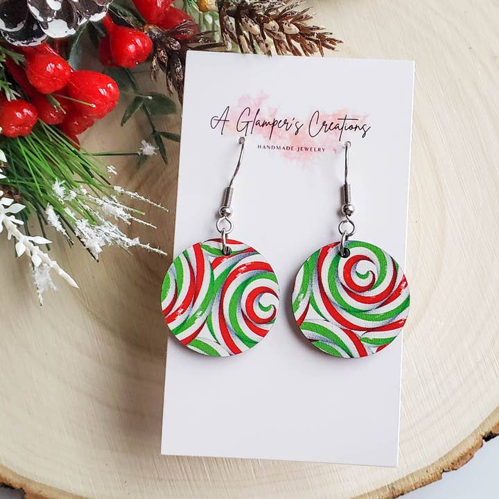 Green, White, & Red Swirls Wooden Circle Christmas Earrings for wholesale by A Glamper's Creations LLC