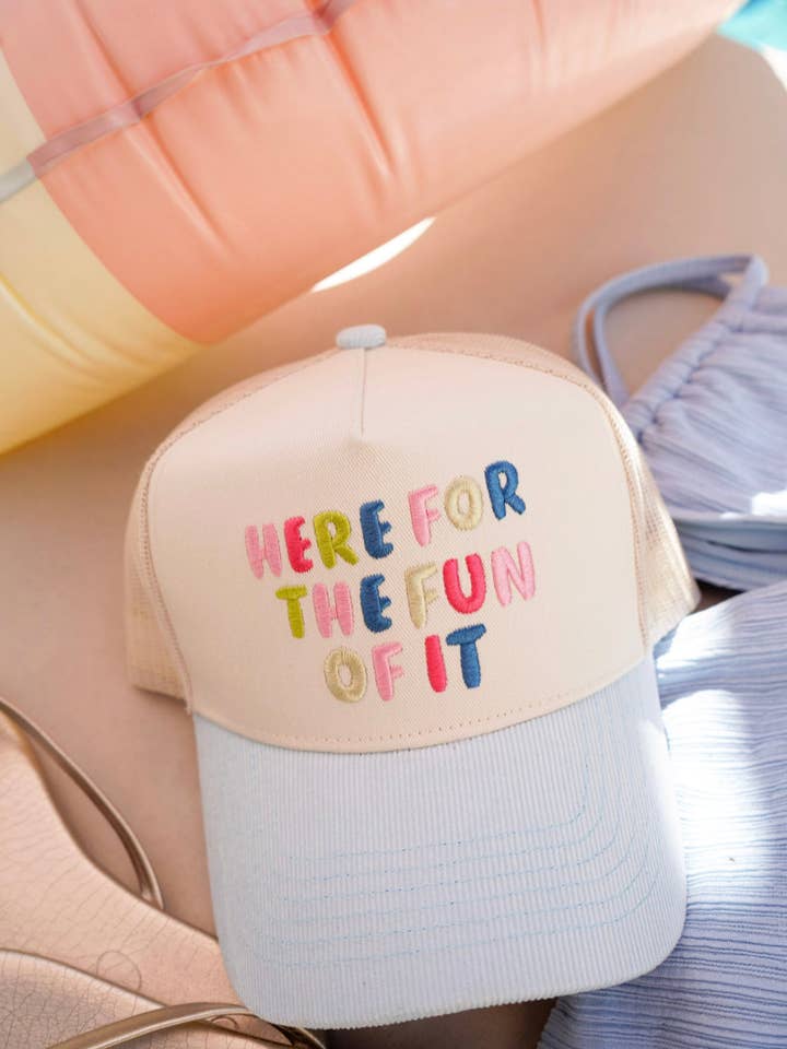 Here for the Fun of it - Baby Blue Corduroy Trucker Hat for wholesale by KENZKUSTOMZ