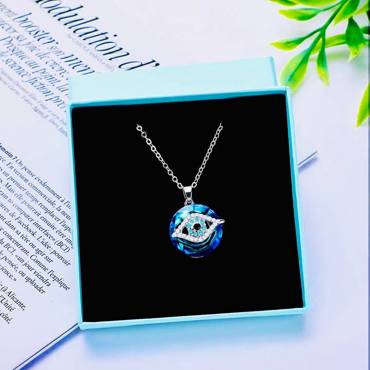 Luxury Indigo Blue Evil Eye Crystal Pendant Necklace – Sterling Silver Protection Jewelry for wholesale by Facetreasures Boutique