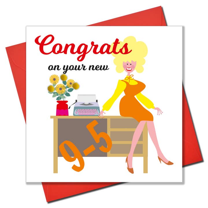New Job Congratulations Card, 9-5 Dolly, Embellished with colourful pompoms for wholesale by Claire Giles Ltd
