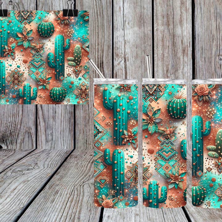TURKOOIZEN BEKER MET CACTUS voor wholesale door Bull Riders Mama & Co. Tumblers