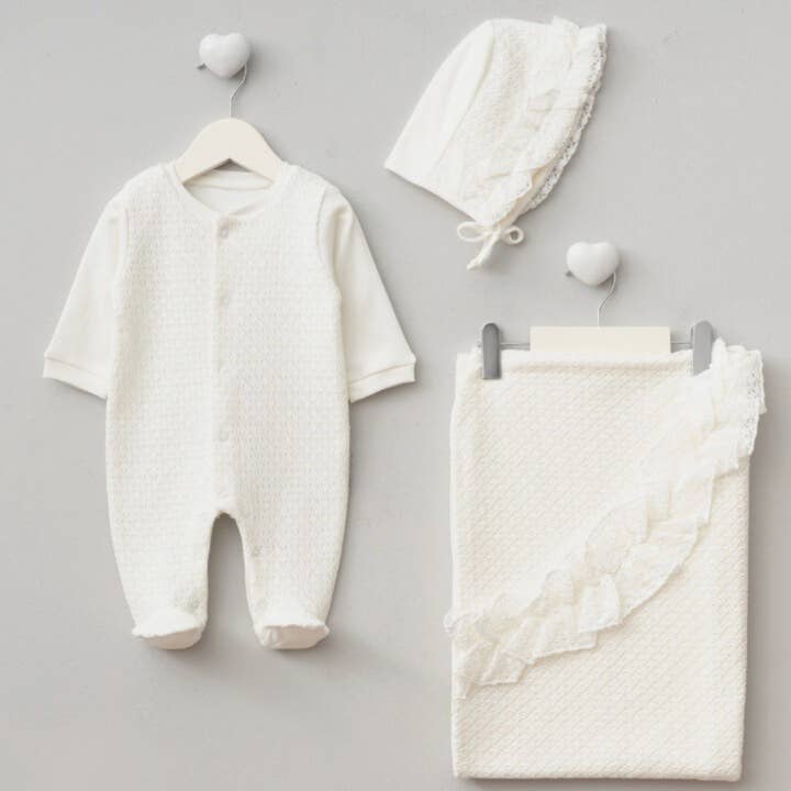 3-Piece Newborn Girl Knit Layette Set–Romper,Bonnet&Blanket  for wholesale by Omnis Pura