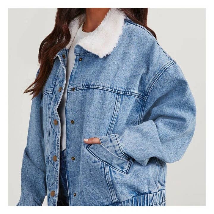 Oversized Lapel Faux Fur Lined Denim Jacket for wholesale on Faire