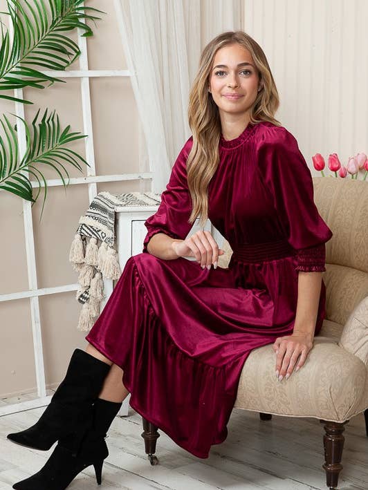 Reborn J - Wholesale Dress - Women's - Velvet Three Quarter Sleeve Midi Dress14