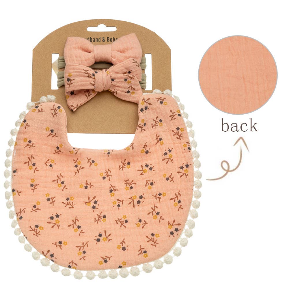 Little Trendy - Wholesale Bib - Baby - Baby Floral cotton Waterproofer Bib and Bows headband Sets6