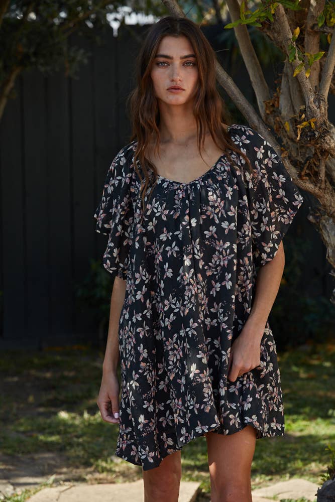 Charcoal Multi L7169 | Floral Print V-Neck Short Sleeve Flare Mini for wholesale on Faire