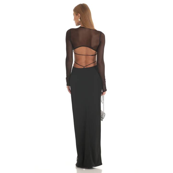 Abito a maniche lunghe con schiena trasparente in nero per la vendita all'ingrosso da parte di Lucy In The Sky