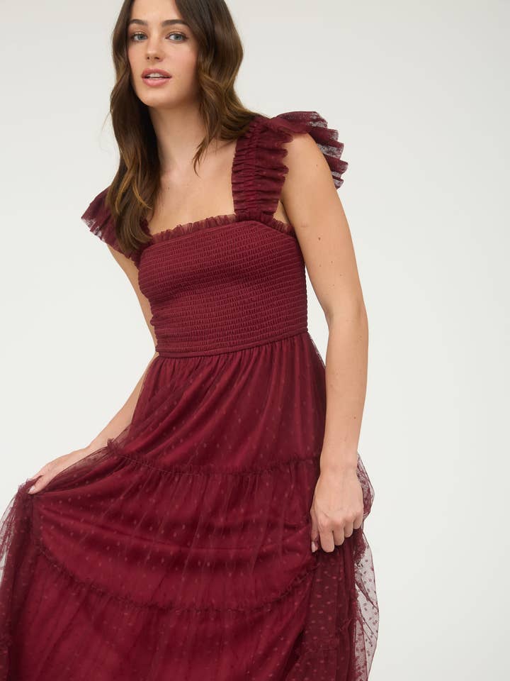MINE - Vente Robe – femme - ROBE MIDI À VOLANTS FUMÉE EN CHIFFON À POIS