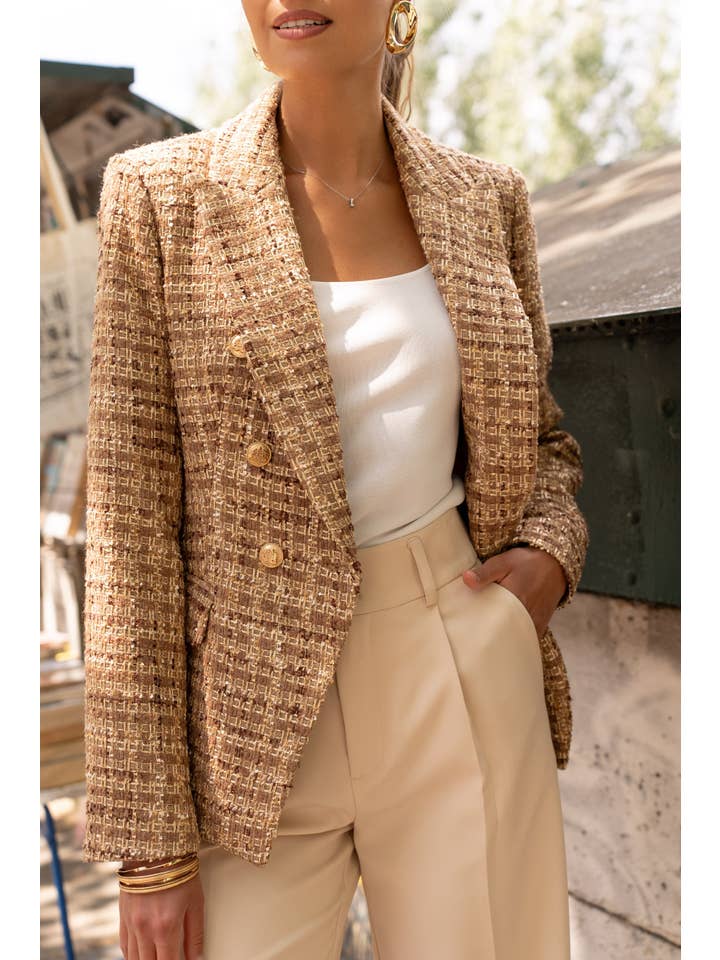 Attentif Paris – wholesale Blazer – Women's – Checked tweed double-breasted fitted blazer jacket