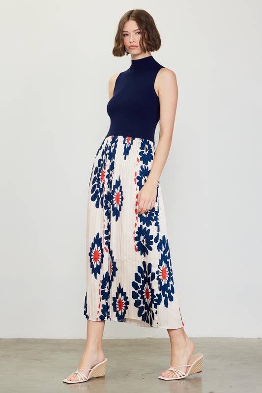 Ivory Navy Sleeveless Knit & Print Midi Dress for wholesale on Faire3