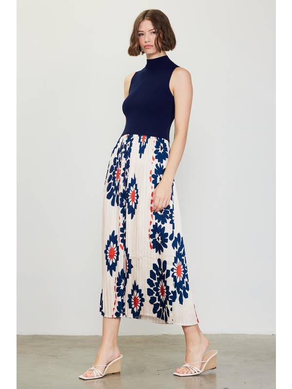 Elfenben-Navy Ärmlös stickad och mönstrad midiklänning för wholesale på Faire3