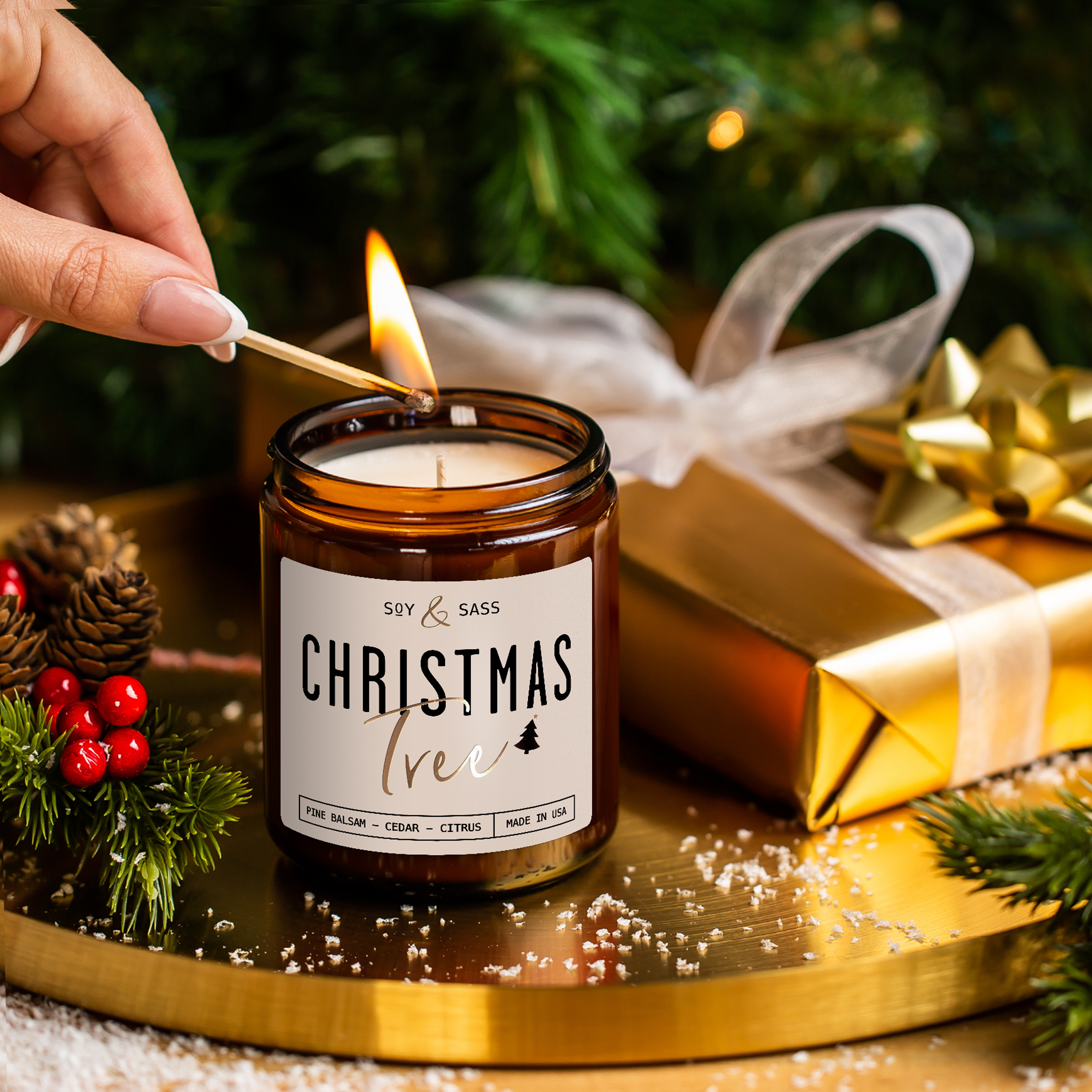 Soy and Sass – wholesale Jar/filled candle – Christmas Tree Soy Candle - Christmas Candles MADE IN USA1