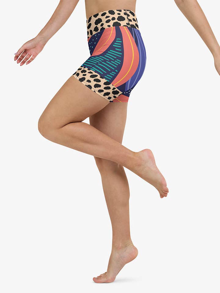 Animal Printed Yoga Shorts "Animal Leaves" Blue/Orange/Green for wholesale by Loony Legs