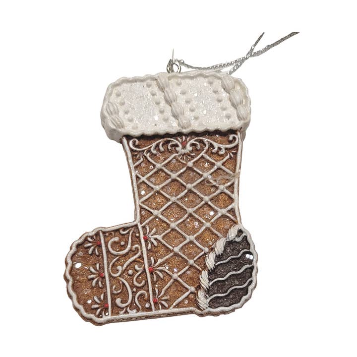 A49167: Paint resin gbread stocking orn,wht glit accents,3in for wholesale by Silver Tree Home & Holiday