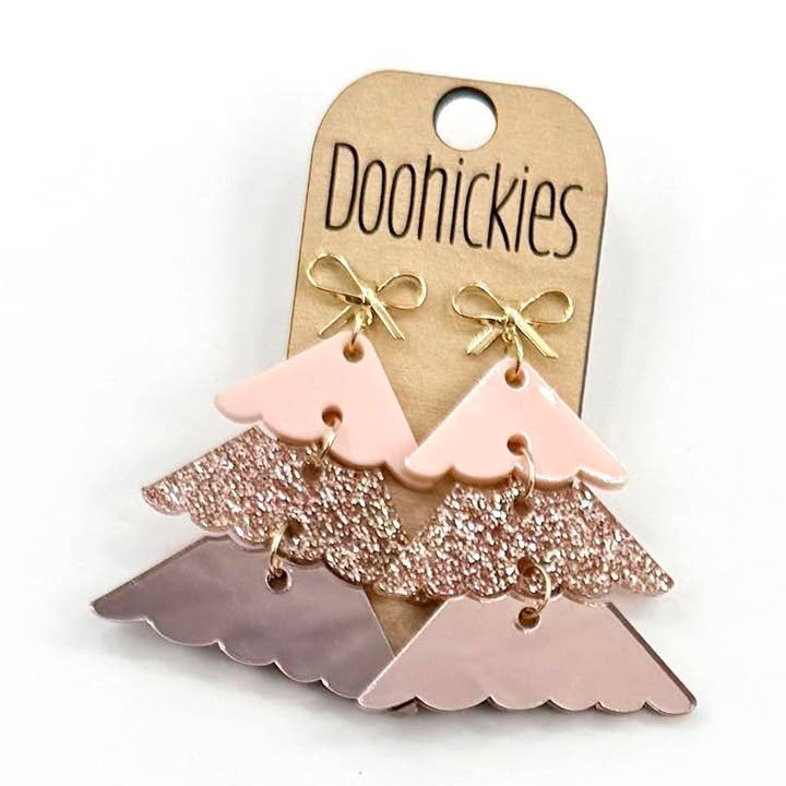 Rose Gold Layered Christmas Tree w/ Gold Bow Earrings - Christmas Acrylic Earrings for wholesale by Doohickies