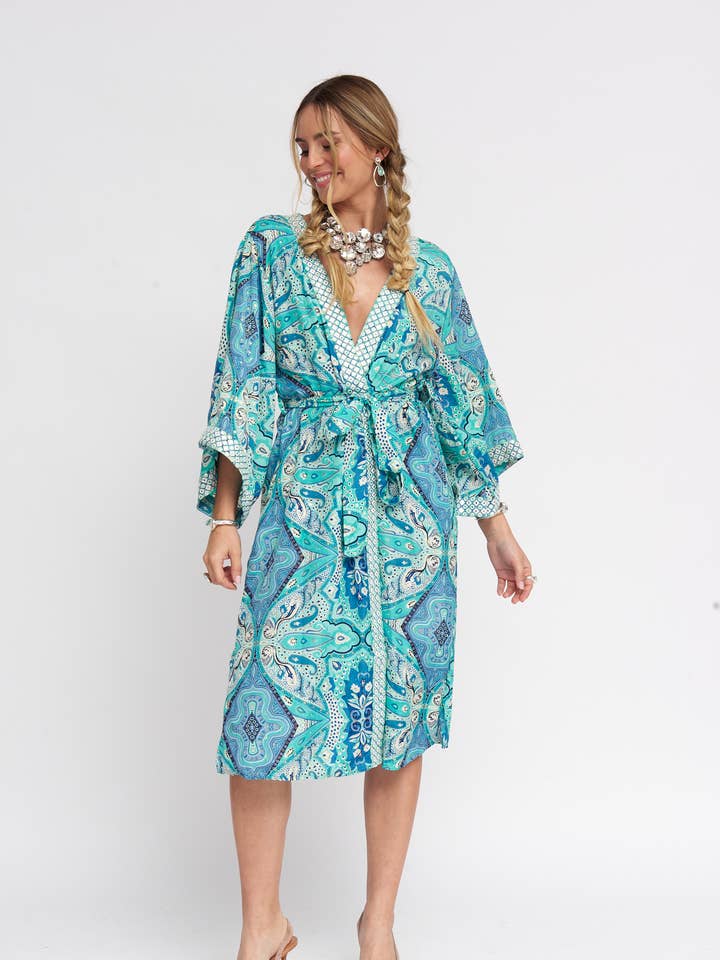 WOMEN'S LONG KIMONO 100% COLD SILK, GEOMETRIC PRINT for wholesale by ANISA