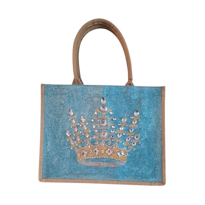 Turquoise and Gold Jeweled Crown Tote Bag for wholesale by Dana's Uncommon Glass