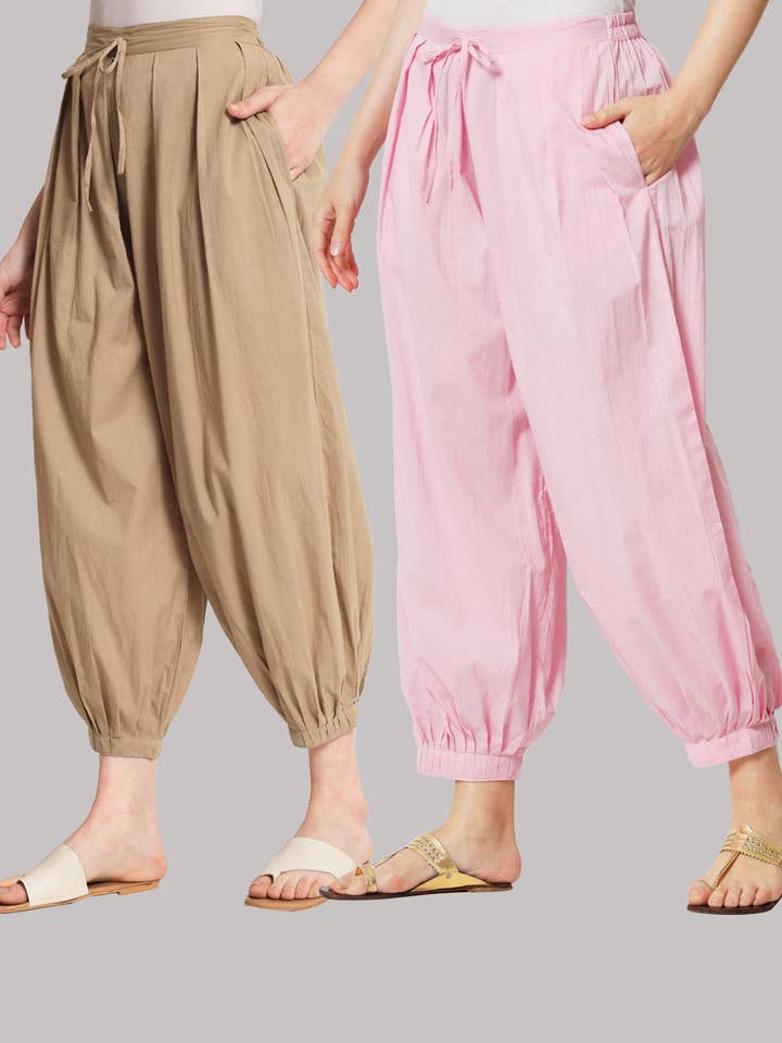 Pair of 100% Cotton Salwar- Beige & Pink Mist for wholesale by Thevasa