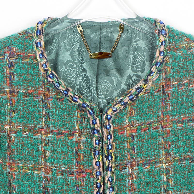 Vert Veste en tweed de laine d'automne 69Y 2025 avec tissage à carreaux exquis en vente sur Faire2