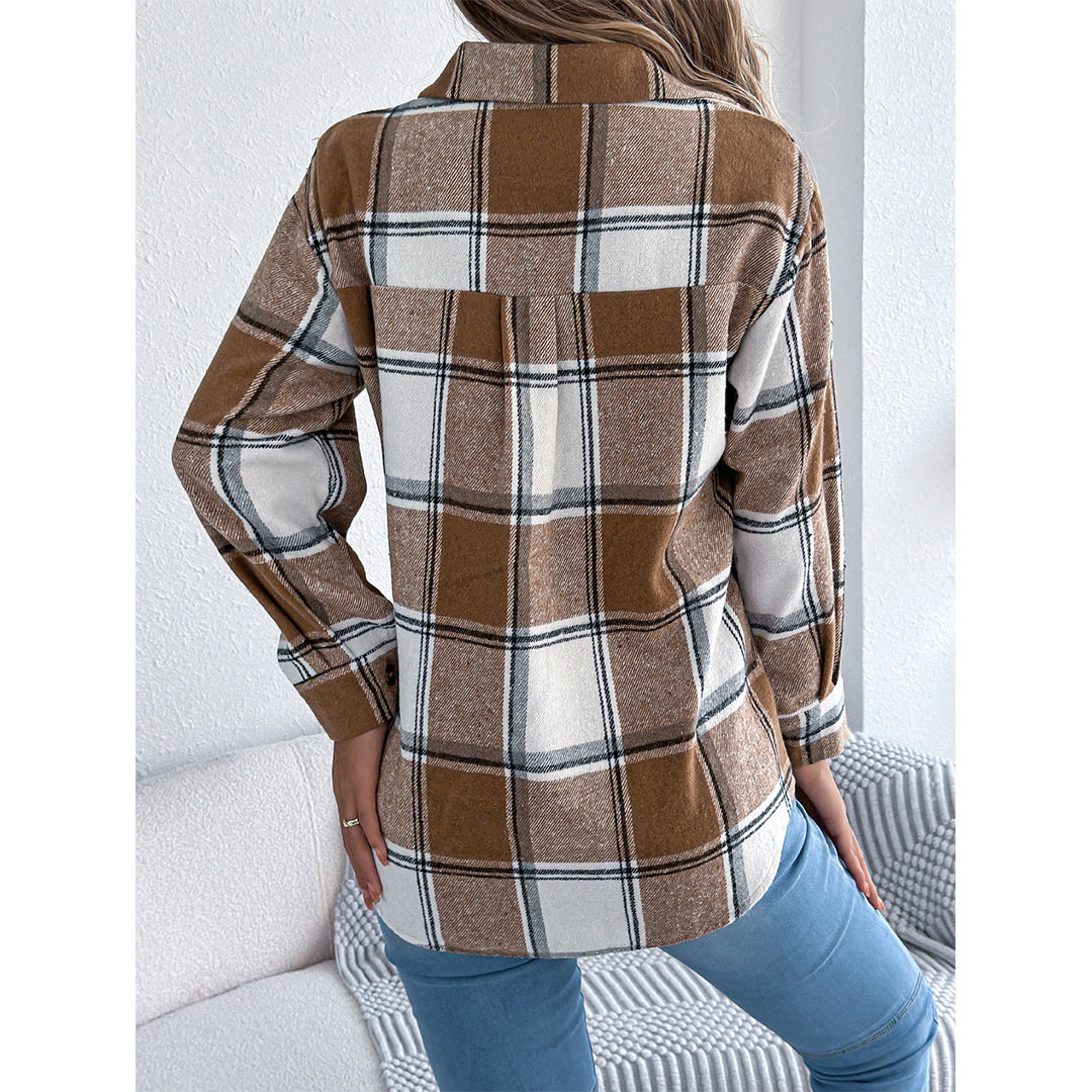 UNISHE – wholesale Jacket – Women's – Fall Plaid Faux Pocket Long Sleeve Mid-Length Jacket BJS2772