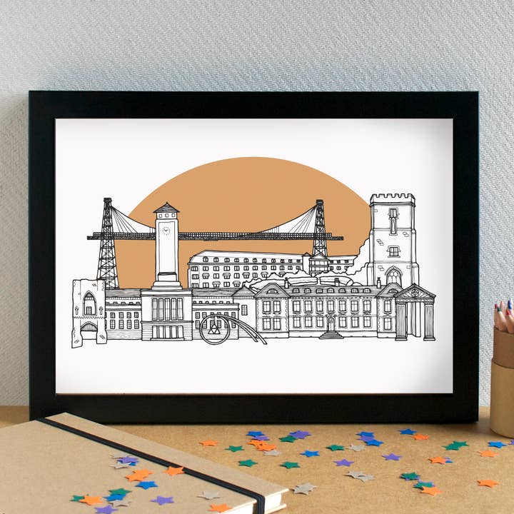 Newport Wales Skyline Landmarks Art Print - unframed for wholesale by Becka Griffin Illustration