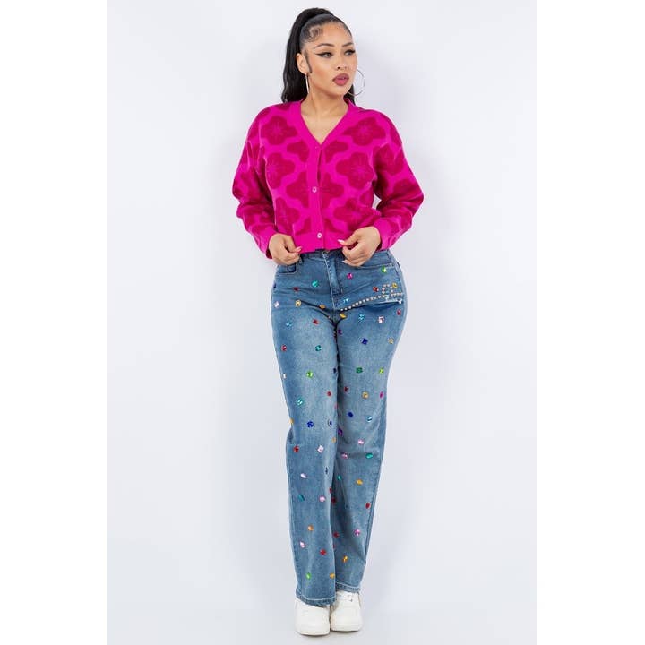 JEANS EMBELEZADO COM PEDRAS COLORIDAS DO RENO por atacado de Black Pearl Clothing