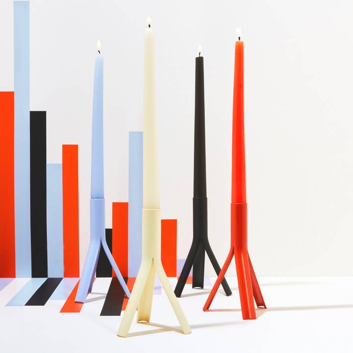 54 Celsius - Wholesale Tapered Candle/Candlestick - Taper Candles (4 Pack) + Steel Rocket Candle Holder, Orange