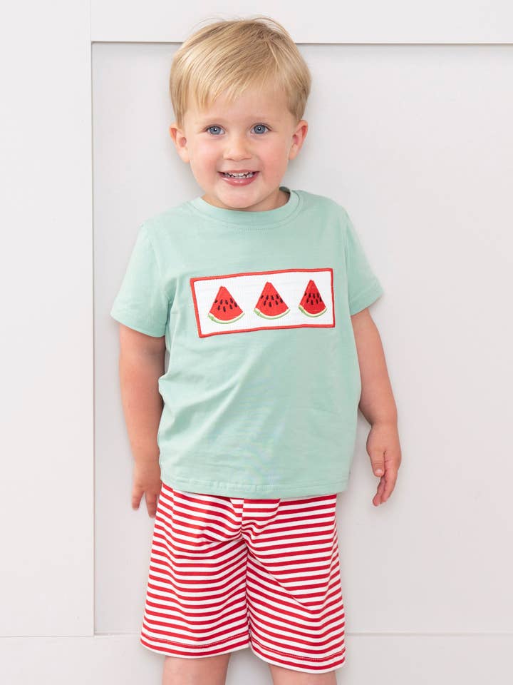 Marie Nicole Clothing - Wholesale Top & Short Set - Kids - Watermelon Stripes Smocked Outfit1