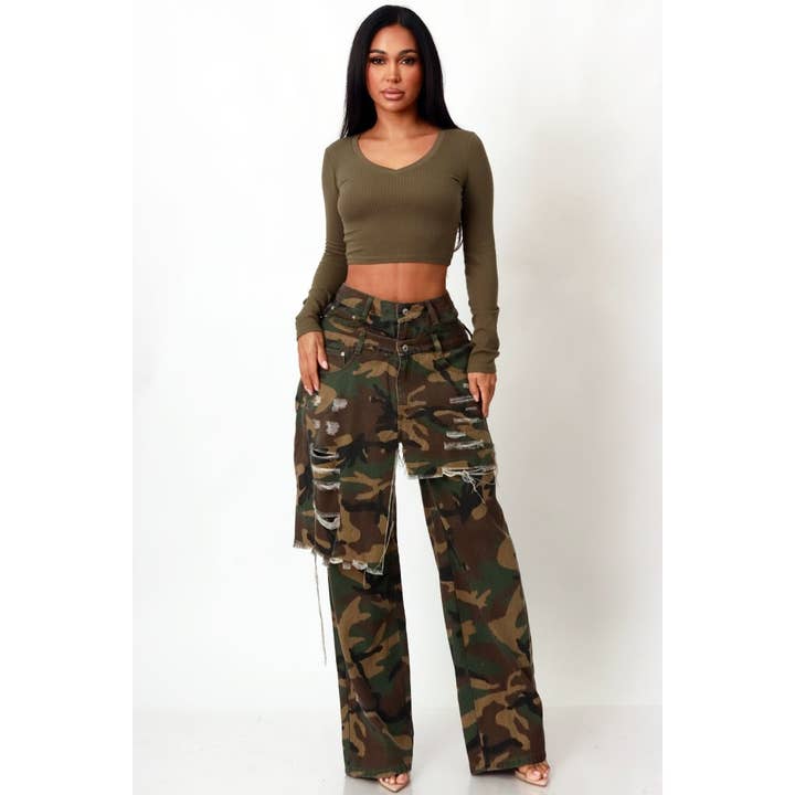 Camo Print Distress Skirt Double Layer Pants for wholesale by DORCAS
