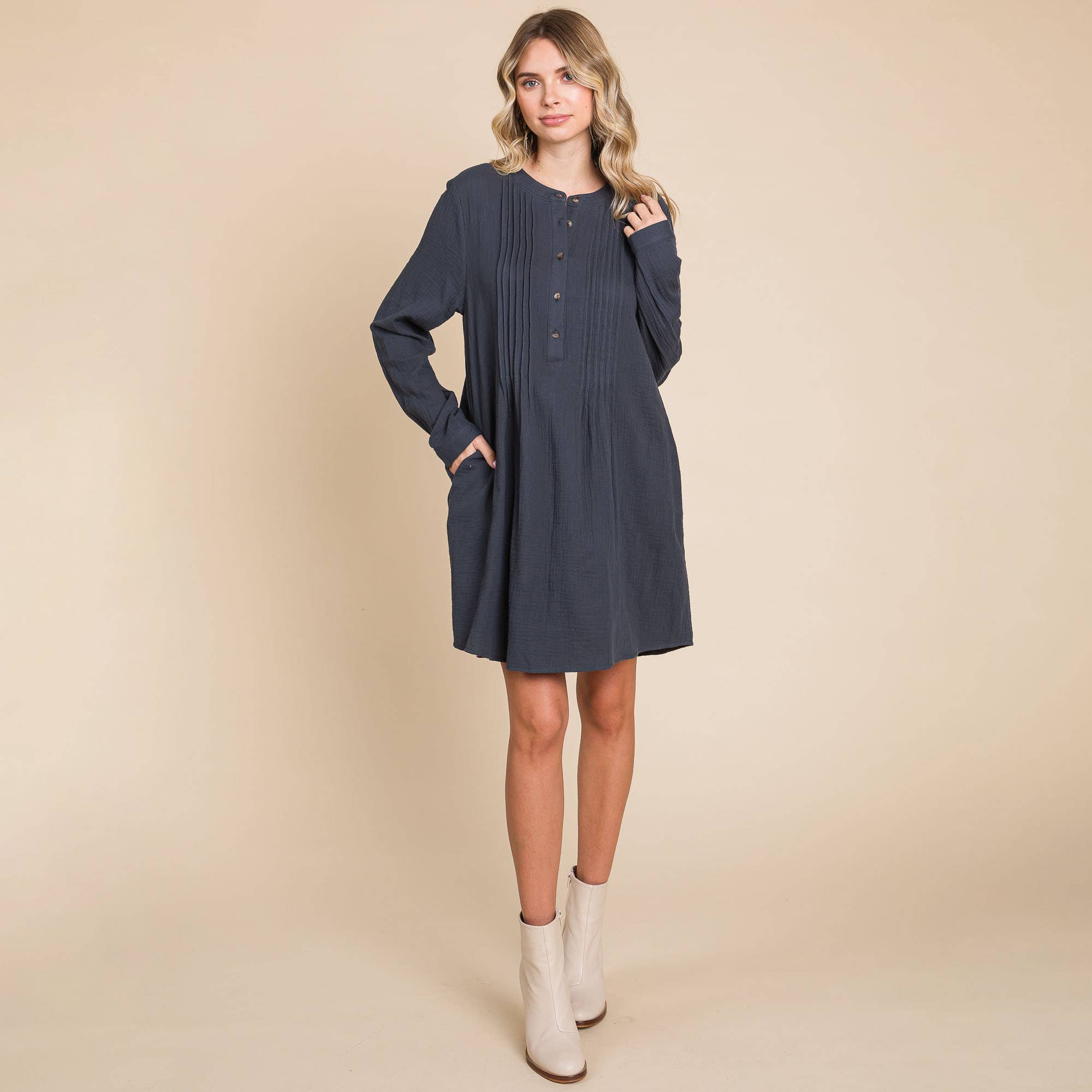 ROLYPOLY - Vente Robe – femme - Robe tunique en coton double gaze manches longues style henley2
