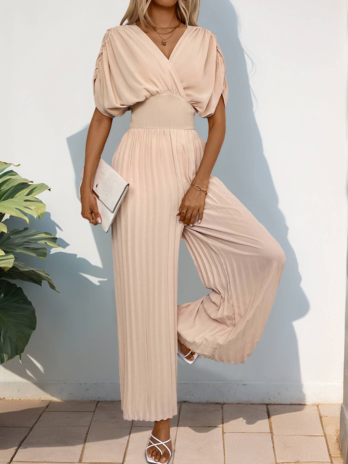 Apricot V-Neck Fitted waist Pleated Wide-Leg Jumpsuit for wholesale on Faire1