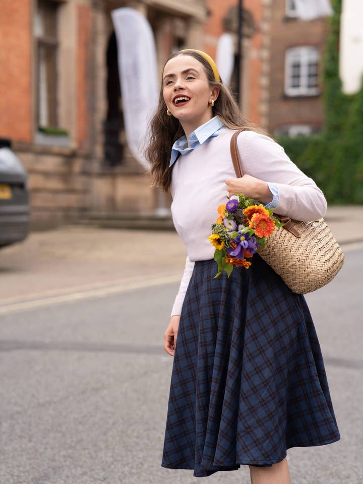 Sophie Navy and Brown Woollen Check Tartan Midi Swing Skirt for wholesale by Timeless London