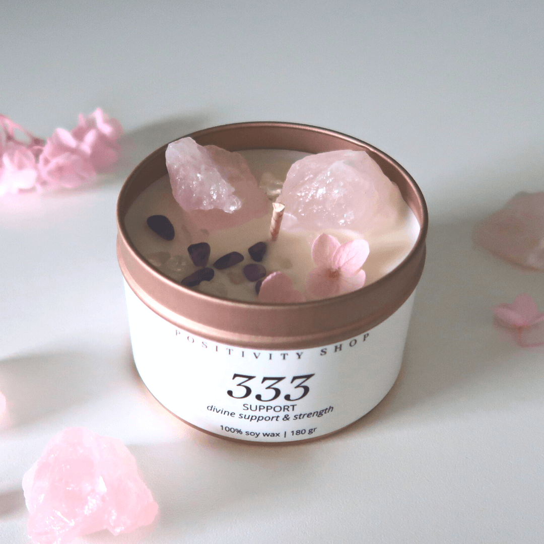 Positivity Shop - Venta al por mayor Vela aromática de viaje - 333 - Soporte | Vela de gema número angelical | Cuarzo rosa0