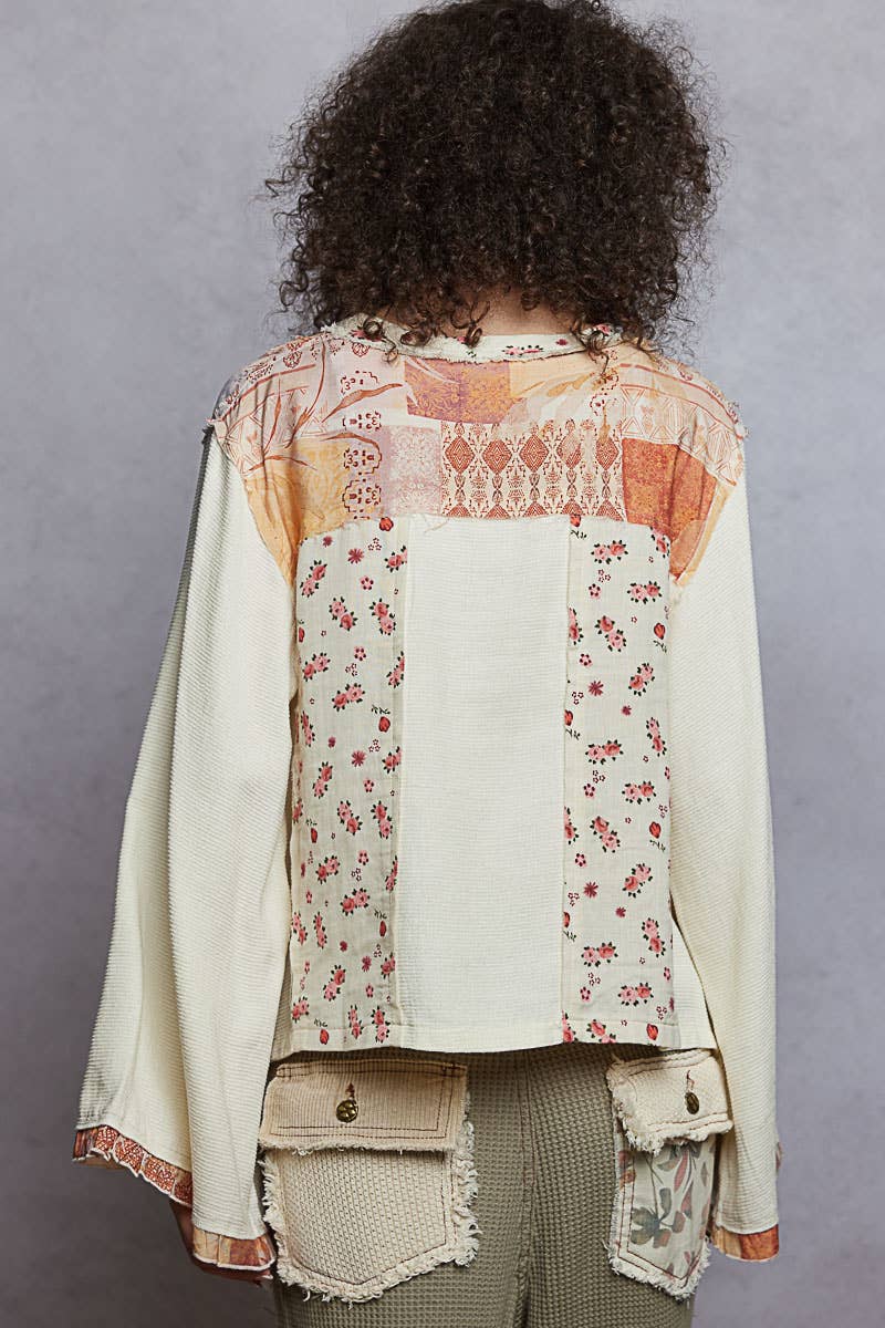 Pol Clothing - Wholesale Blouse - Women's - Long sleeve double gauze printed woven contrast top14