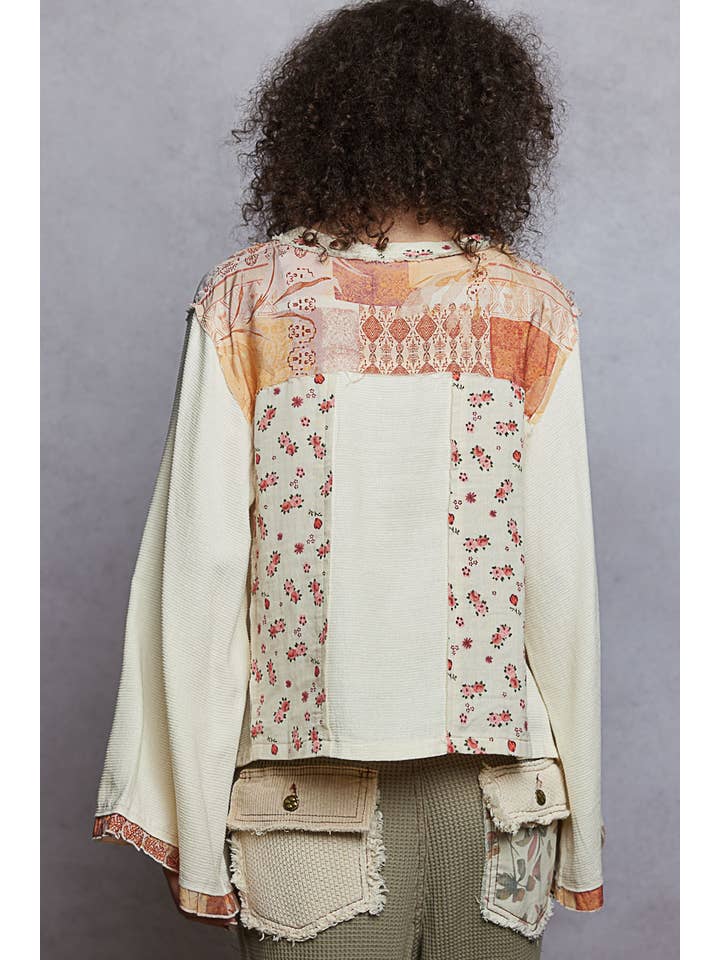 Pol Clothing - Wholesale Blouse - Women's - Long sleeve double gauze printed woven contrast top14