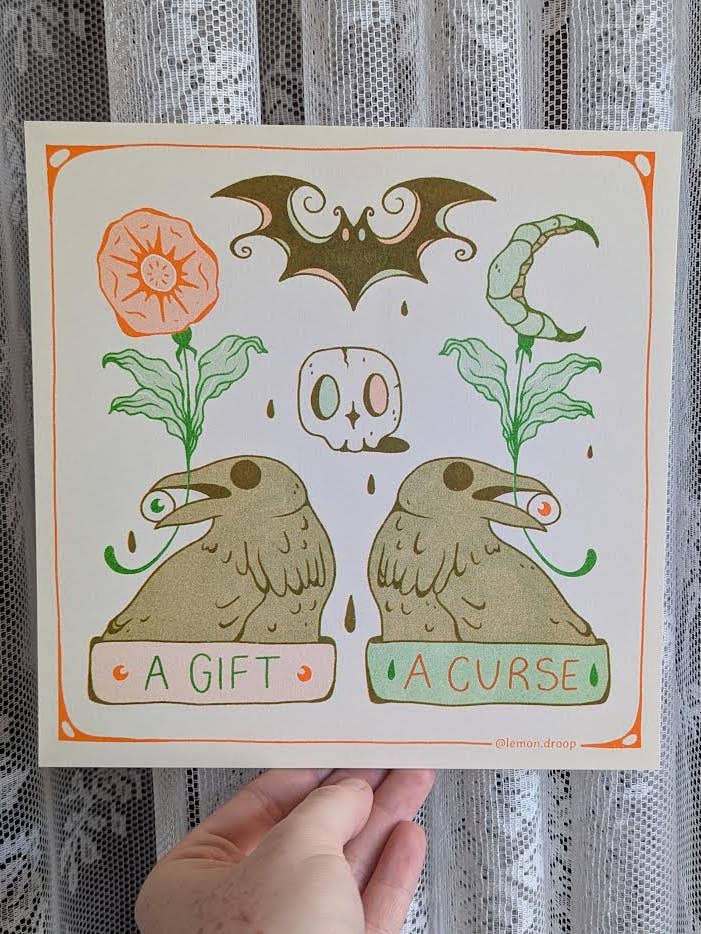 cursed crows riso print for wholesale by Sonny Honey Press