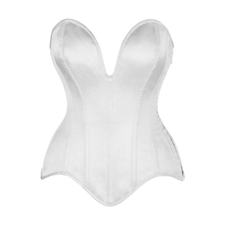 Top Drawer Steel Boned White Satin Plunge Neckline Overbust Corset for wholesale by Daisy Corsets