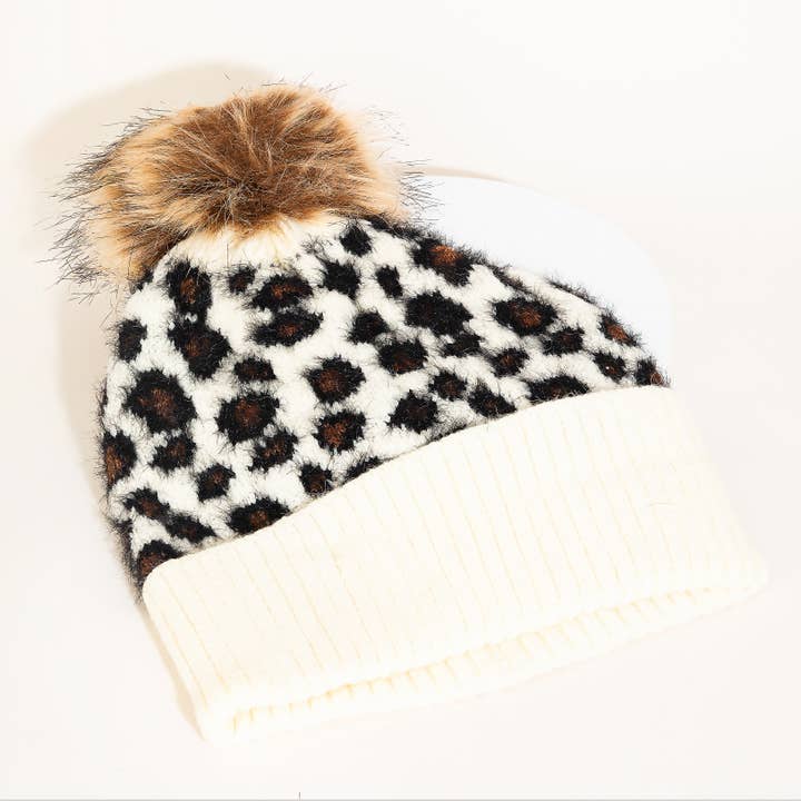 Collections by Fame Accessories - Wholesale Beanie - Women's - Leopard Print Knitted Pom Beanie