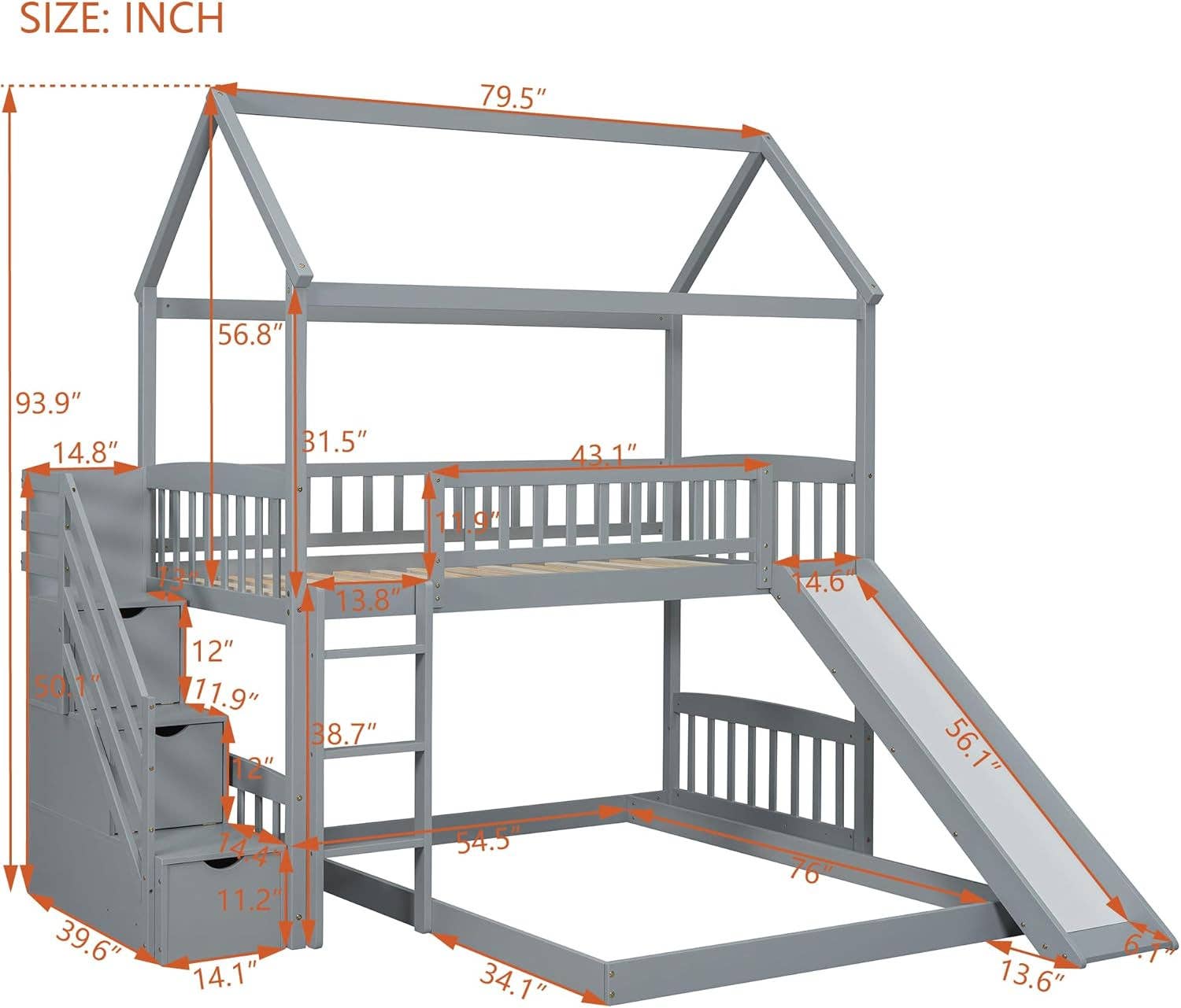 Grey Gray Twin Loft Bunk Bed With Slide And Stairs Storage for wholesale on Faire2