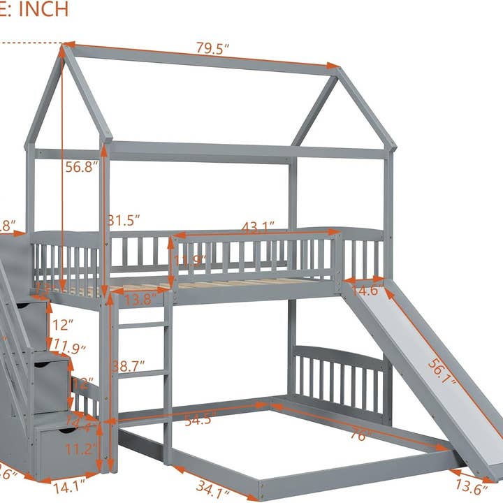 Grey Gray Twin Loft Bunk Bed With Slide And Stairs Storage for wholesale on Faire2