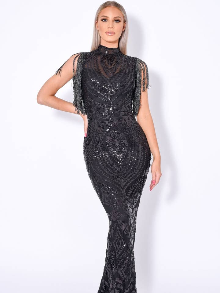 Magic Vip Svart Luxe Tofs Frans Paljett Utsmyckad Illusi för wholesale av Nazz Collection Clothing Ltd