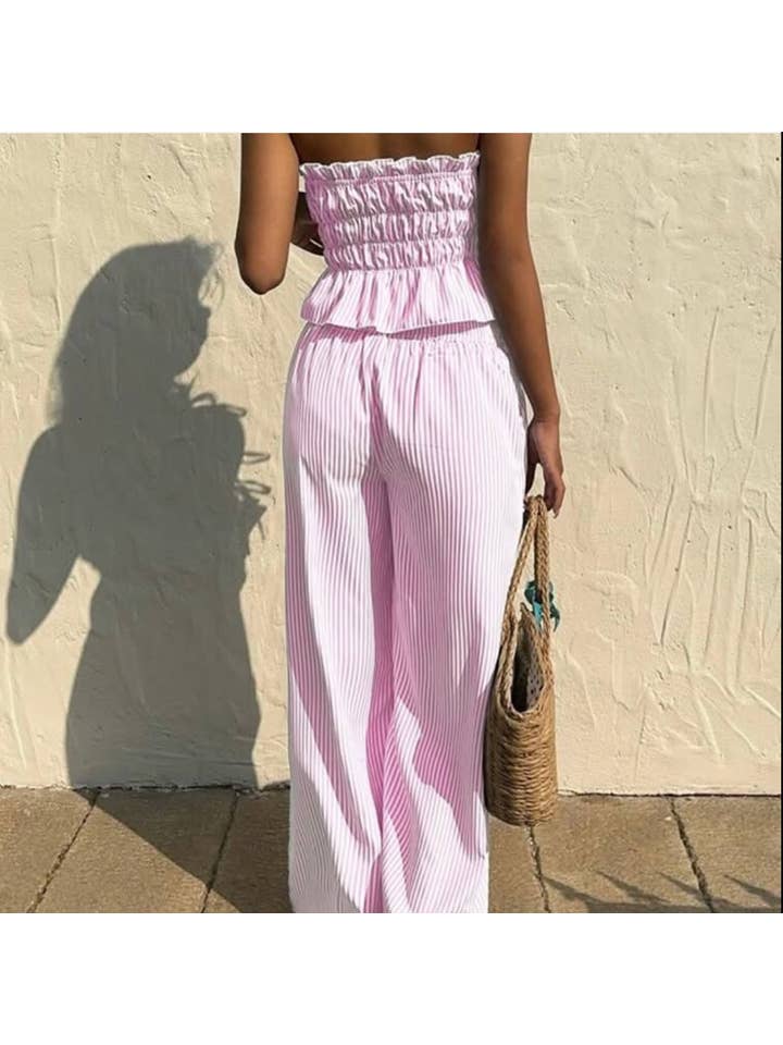 Chilli Girl Collection - Wholesale Top & Pant Set (NOT Loungewear) - Women's - Stripe patterned top and wide-leg pants set
