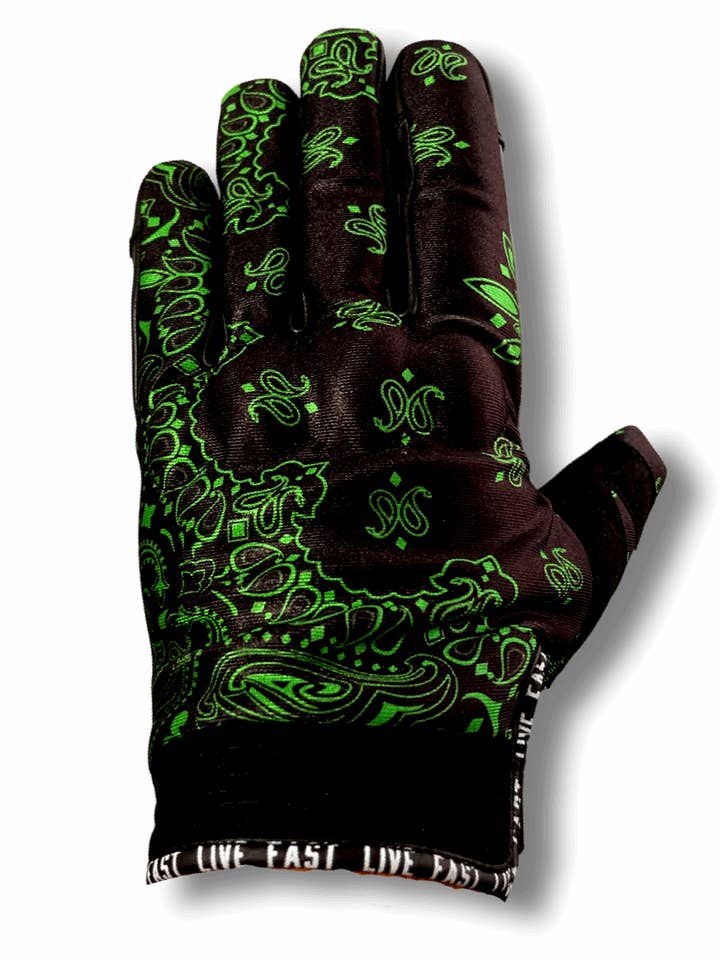Klassische Paisley-Motorradhandschuhe in Schwarz und Grün für den Großhandel von Live Fast Gear