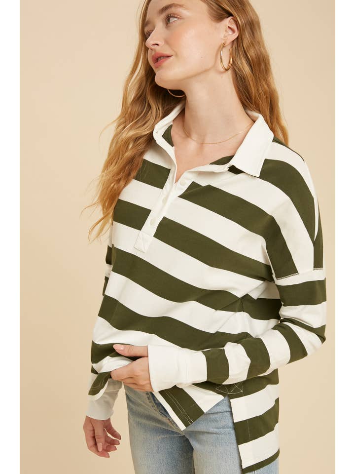 OLIVE STRIPED RUGBY TOP for wholesale on Faire2